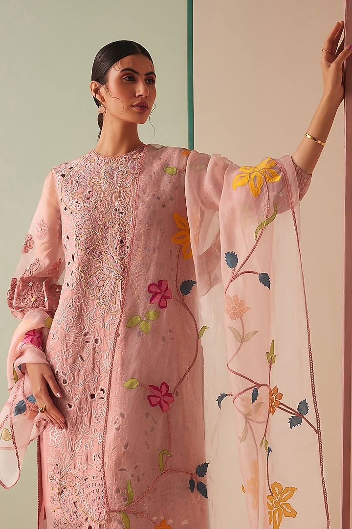 Old Rose Silk Organza Embroidered Dupatta by Chandrima at Pernia's Pop Up Shop