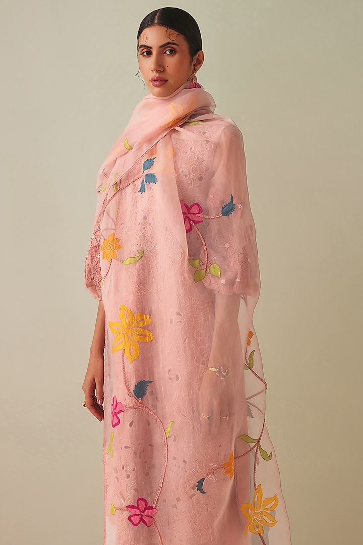 Old Rose Silk Organza Embroidered Dupatta by Chandrima at Pernia's Pop Up Shop