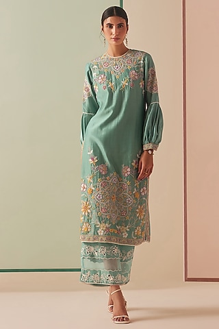 Aqua Chanderi Embroidered Kurta Set by Chandrima