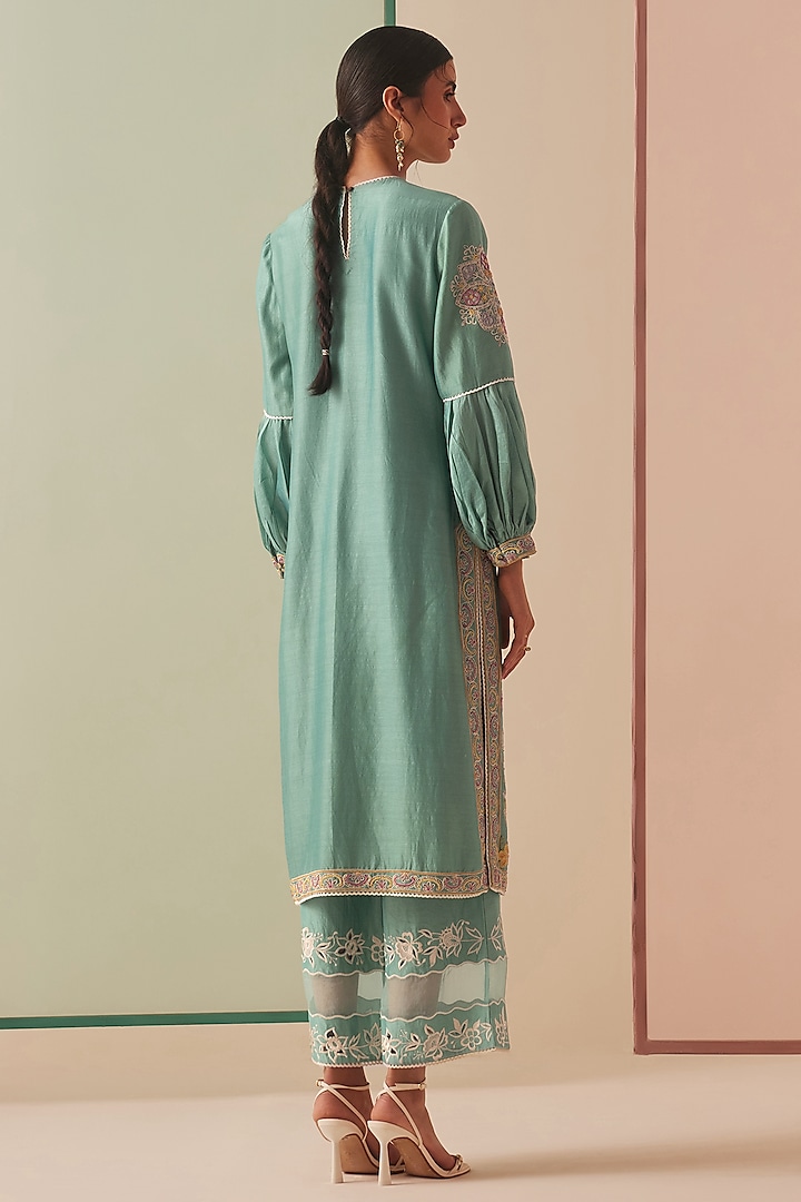 Aqua Chanderi Embroidered Kurta Set by Chandrima at Pernia's Pop Up Shop