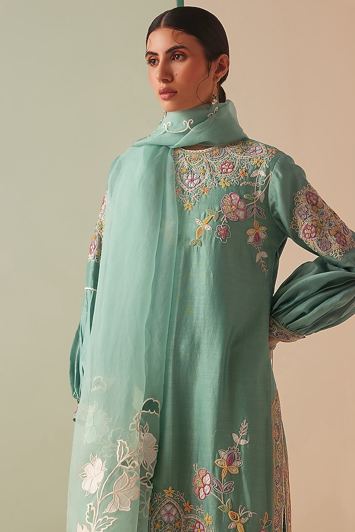 Aqua Chanderi Embroidered Kurta Set by Chandrima at Pernia's Pop Up Shop