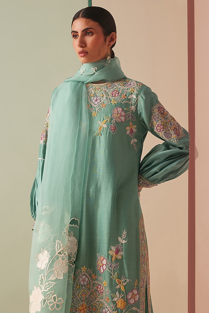 Aqua Silk Organza Embroidered Dupatta by Chandrima at Pernia's Pop Up Shop