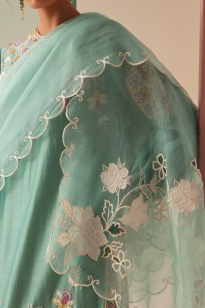 Aqua Silk Organza Embroidered Dupatta by Chandrima at Pernia's Pop Up Shop