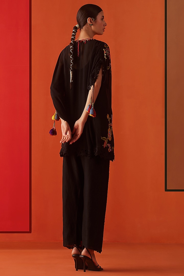 Black Silk Georgette Embroidered Kaftan by Chandrima at Pernia's Pop Up Shop