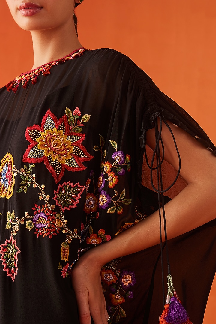 Black Silk Georgette Embroidered Kaftan by Chandrima at Pernia's Pop Up Shop