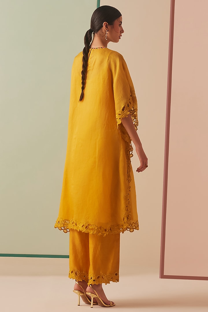 Mustard Silk Organza Embroidered Kaftan Set by Chandrima at Pernia's Pop Up Shop