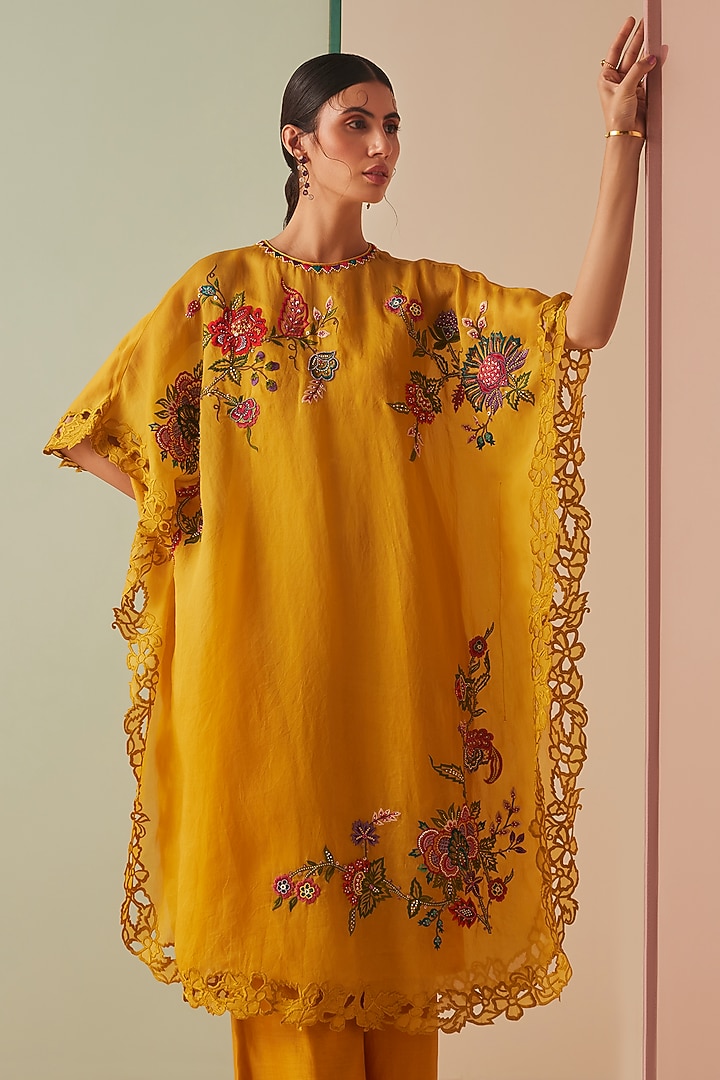 Mustard Silk Organza Embroidered Kaftan Set by Chandrima at Pernia's Pop Up Shop