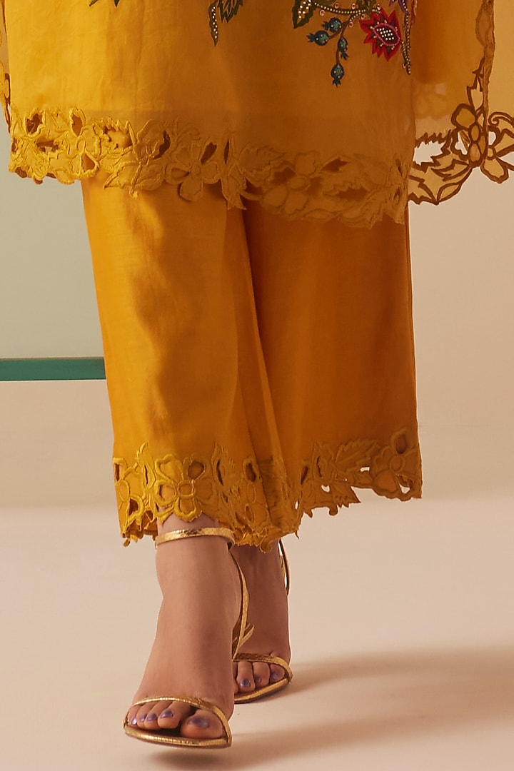 Mustard Silk Organza Embroidered Kaftan Set by Chandrima at Pernia's Pop Up Shop