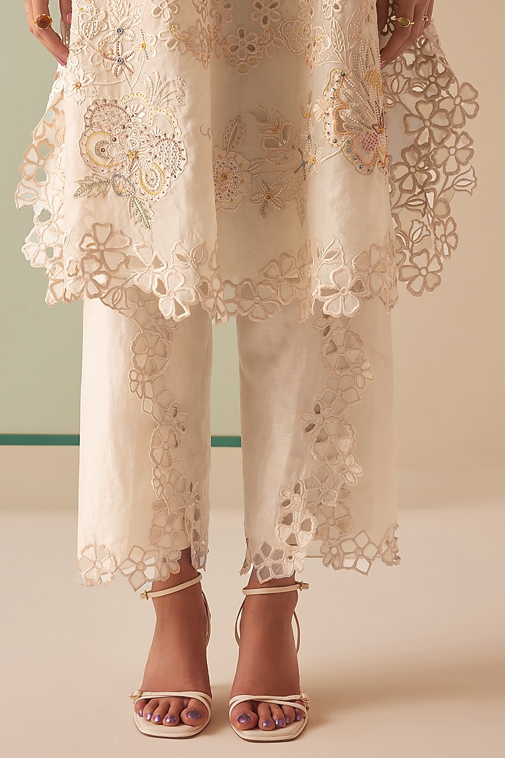 Ivory Silk Organza Embroidered Kaftan by Chandrima at Pernia's Pop Up Shop