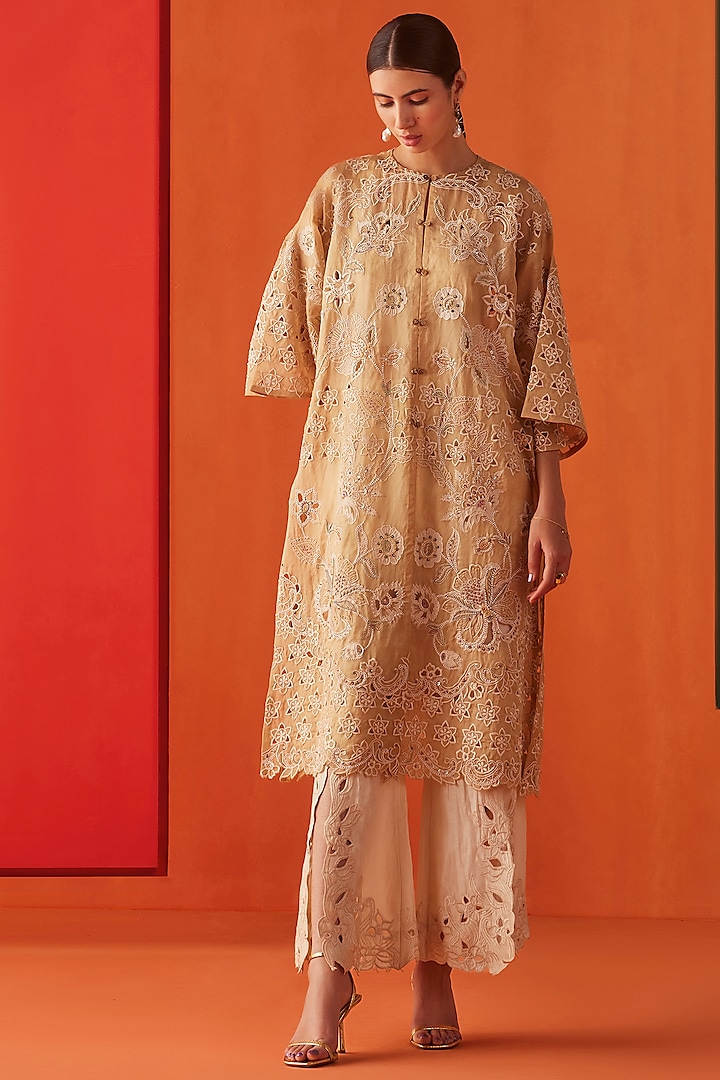 Beige Silk Organza Embroidered Jacket by Chandrima at Pernia's Pop Up Shop