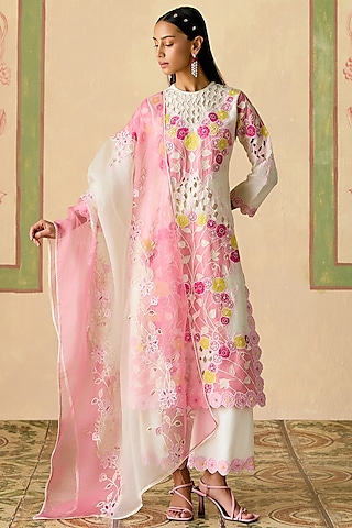 Ivory & Pink Silk Organza Cutwork Dupatta by Chandrima
