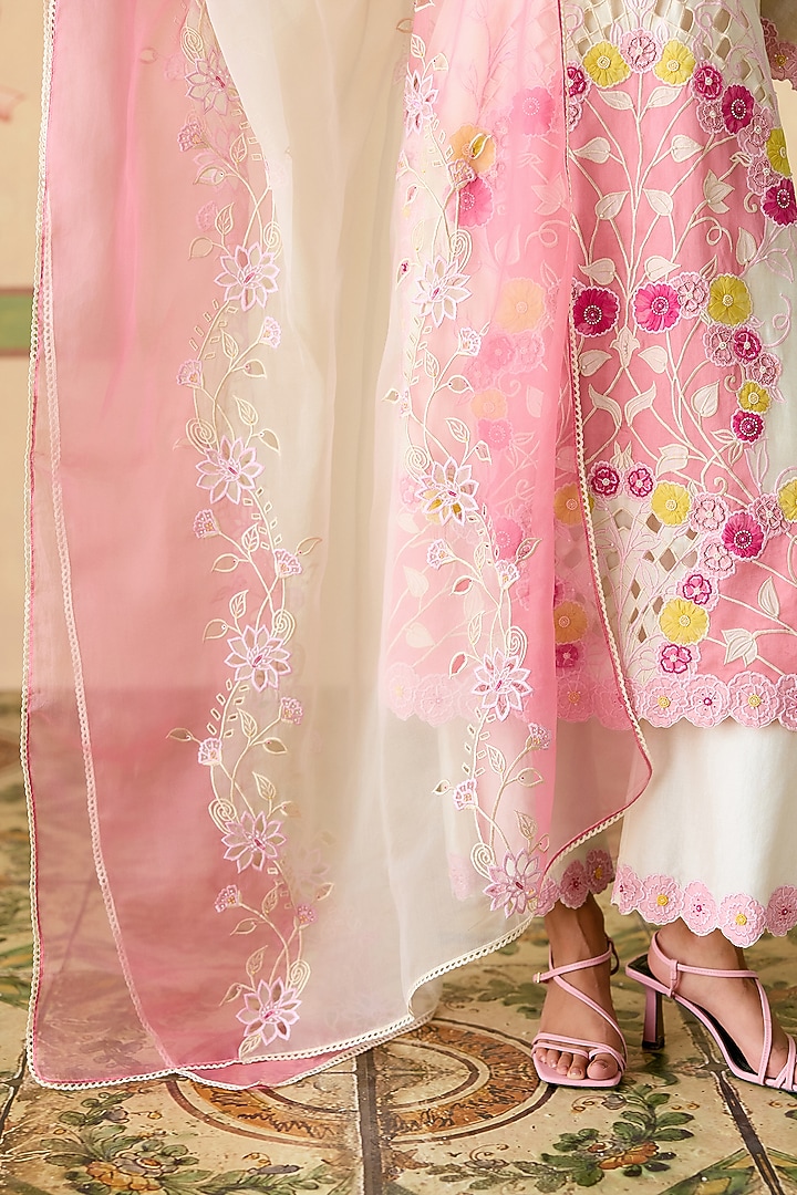 Ivory & Pink Silk Organza Cutwork Dupatta by Chandrima at Pernia's Pop Up Shop