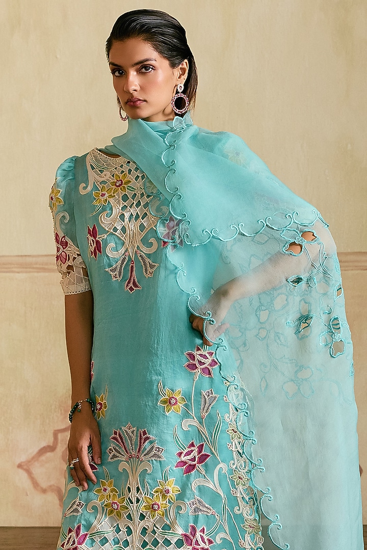 Aqua Blue Silk Organza Cutwork Dupatta by Chandrima at Pernia's Pop Up Shop