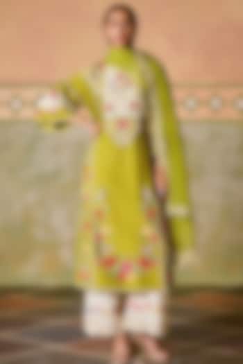 Olive Green Silk Organza Cutwork Dupatta by Chandrima at Pernia's Pop Up Shop