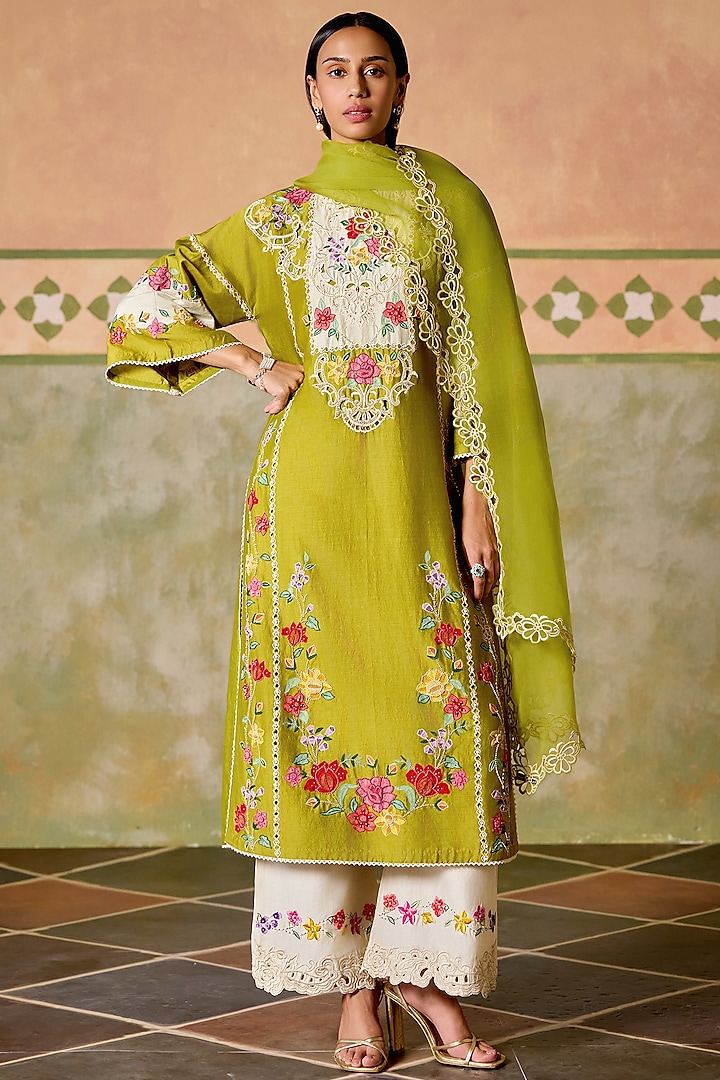 Olive Green Silk Organza Cutwork Dupatta by Chandrima at Pernia's Pop Up Shop