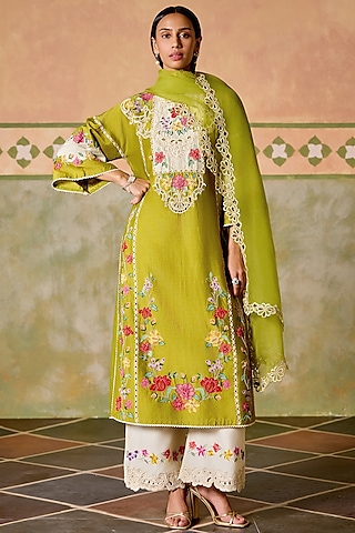 Olive Green Silk Organza Cutwork Dupatta by Chandrima