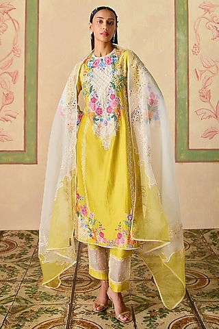 Yellow & Ivory Silk Organza Cutwork Dupatta by Chandrima
