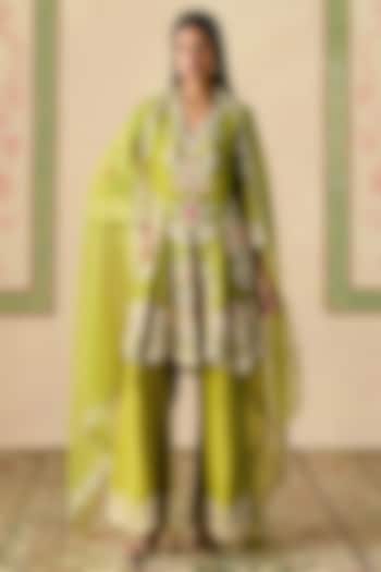 Olive Green Chanderi Thread Work Flared Short Kurta Set by Chandrima at Pernia's Pop Up Shop