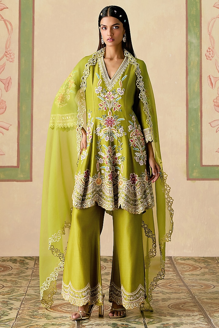 Olive Green Chanderi Thread Work Flared Short Kurta Set by Chandrima at Pernia's Pop Up Shop