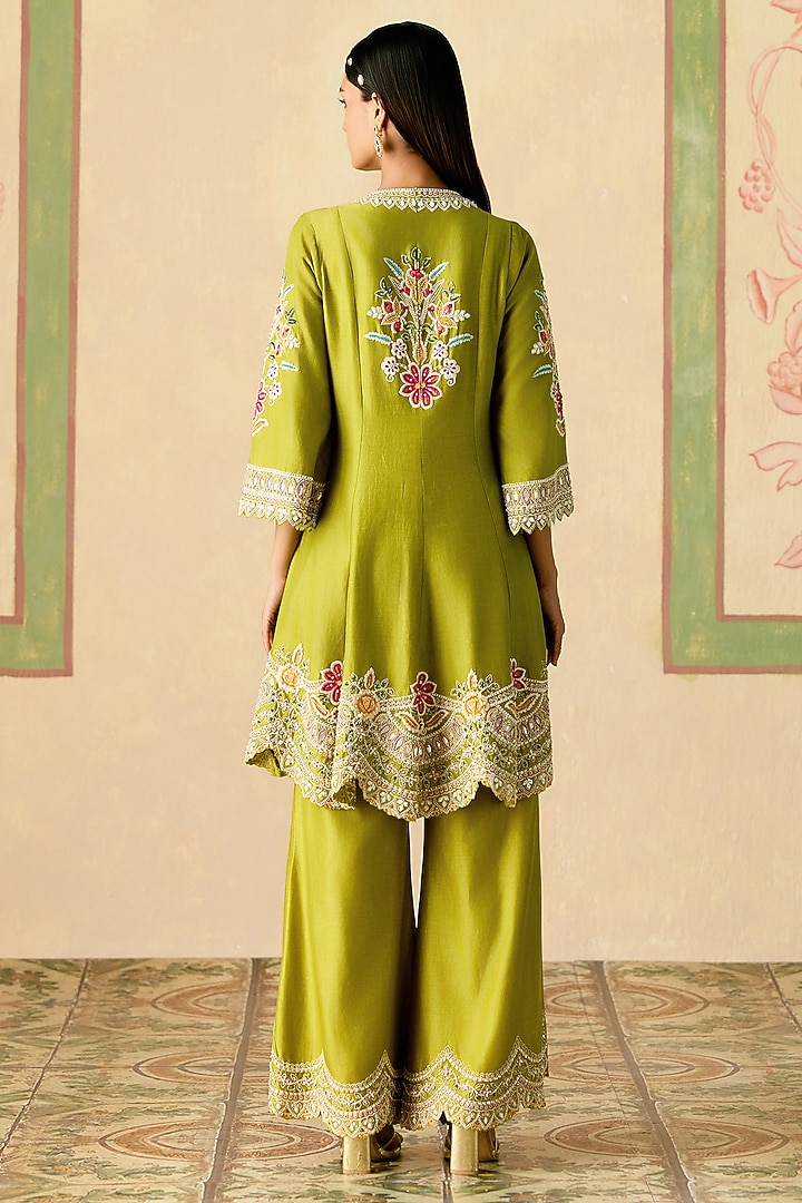 Olive Green Chanderi Thread Work Flared Short Kurta Set by Chandrima at Pernia's Pop Up Shop