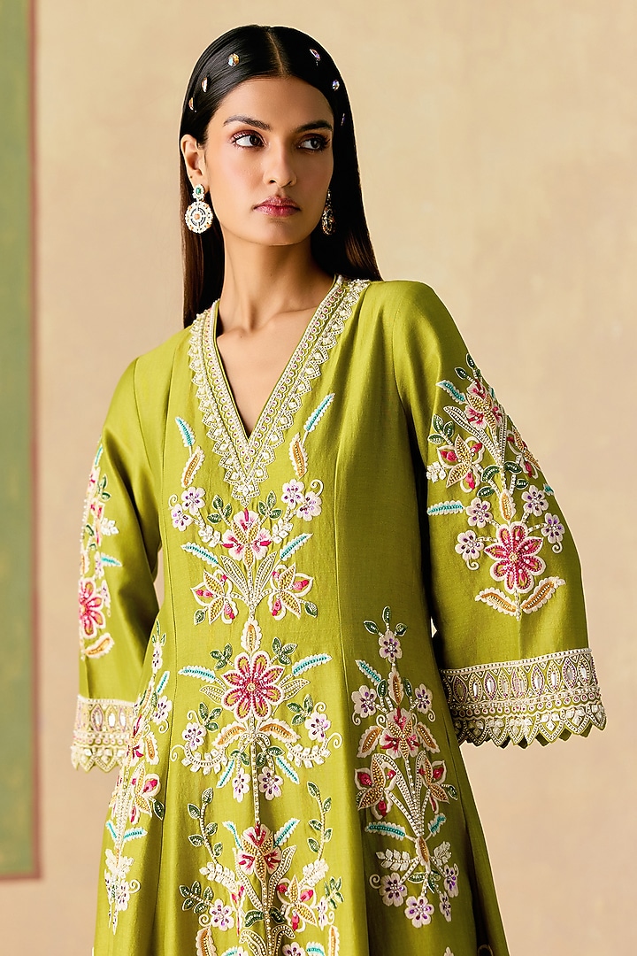 Olive Green Chanderi Thread Work Flared Short Kurta Set by Chandrima at Pernia's Pop Up Shop