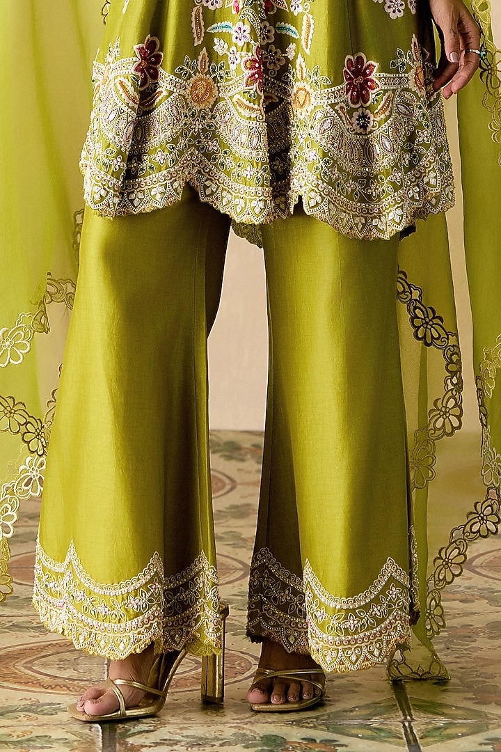 Olive Green Chanderi Thread Work Flared Short Kurta Set by Chandrima at Pernia's Pop Up Shop