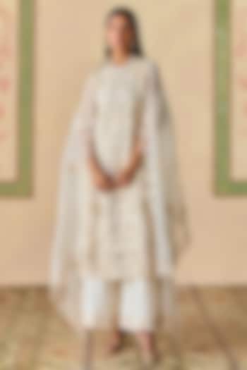 Ivory & Gold Silk Organza Cutwork Dupatta by Chandrima at Pernia's Pop Up Shop