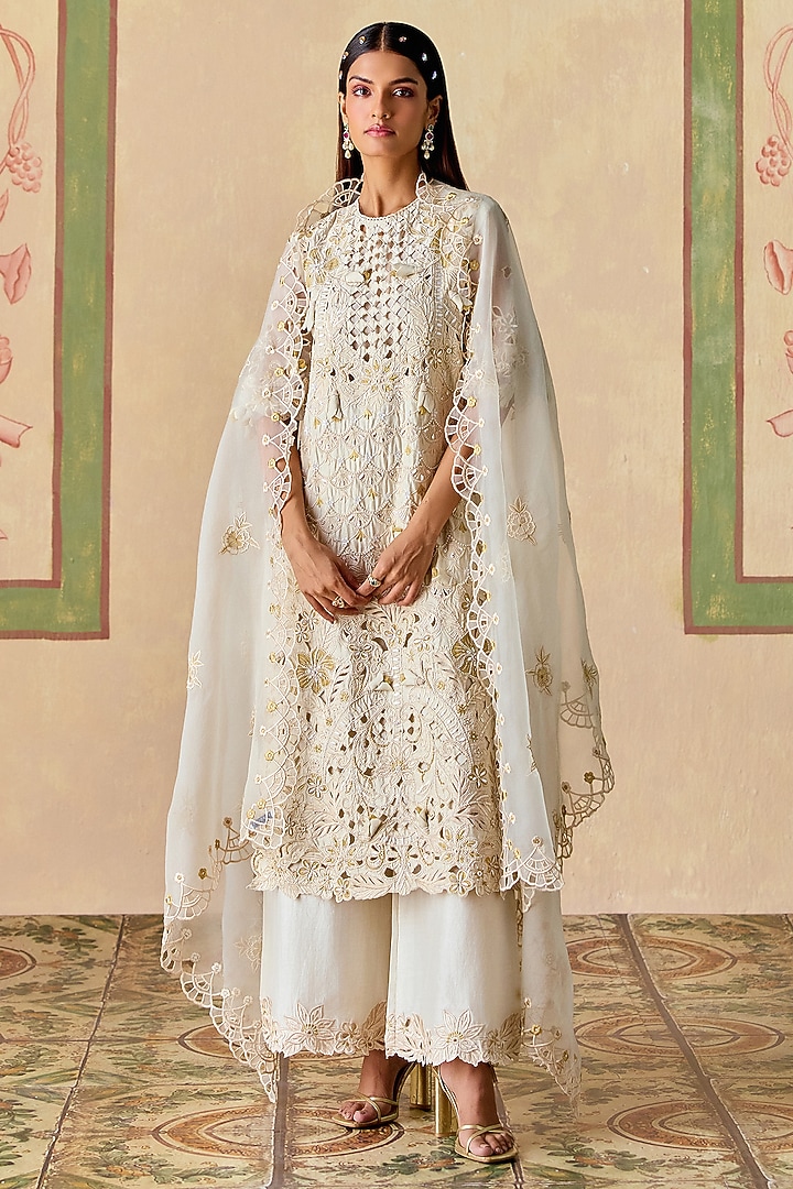 Ivory & Gold Silk Organza Cutwork Dupatta by Chandrima at Pernia's Pop Up Shop