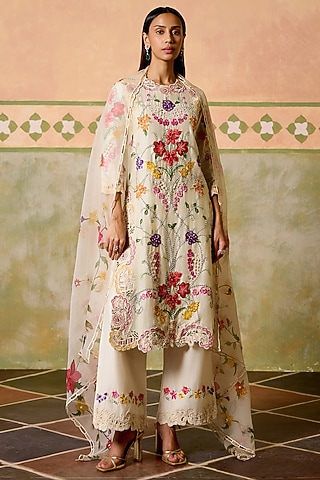 Ivory Silk Organza Floral Printed Dupatta by Chandrima