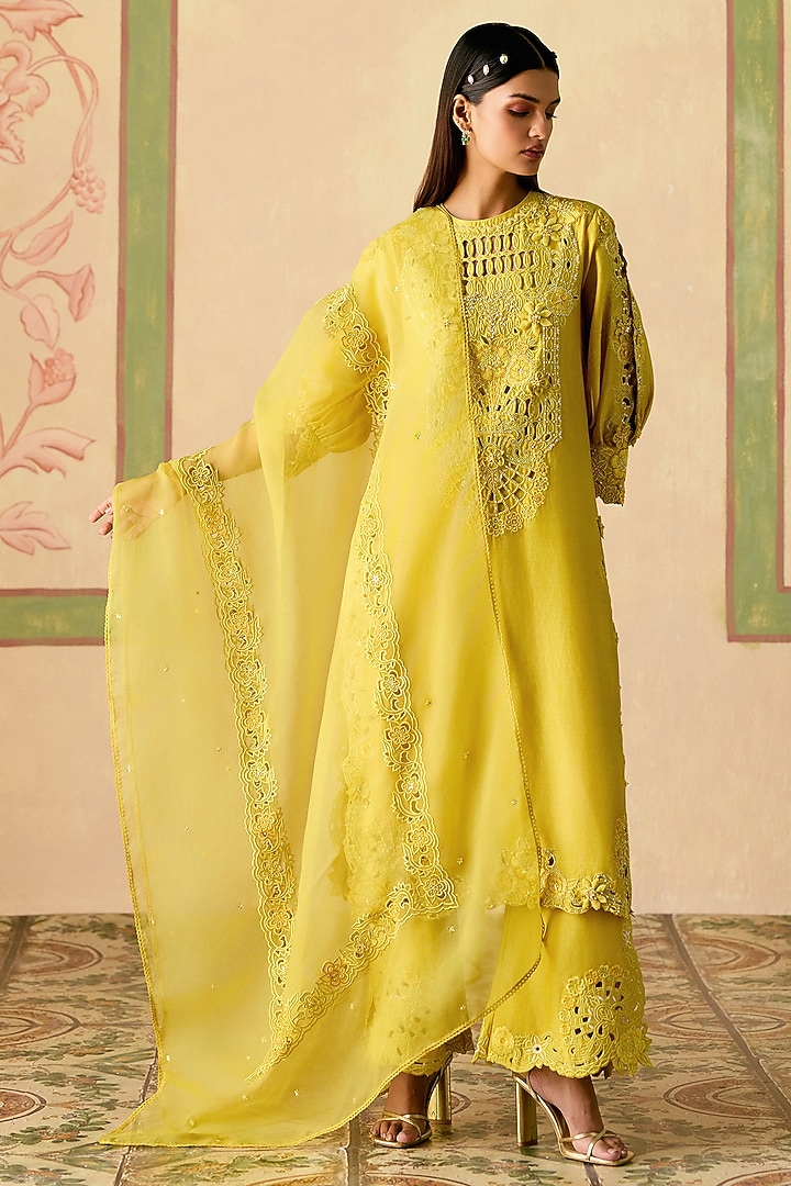 Yellow Silk Organza Cutwork Embroidered Dupatta by Chandrima at Pernia's Pop Up Shop