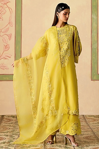 Yellow Silk Organza Cutwork Embroidered Dupatta by Chandrima