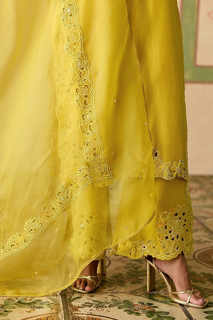 Yellow Silk Organza Cutwork Embroidered Dupatta by Chandrima at Pernia's Pop Up Shop