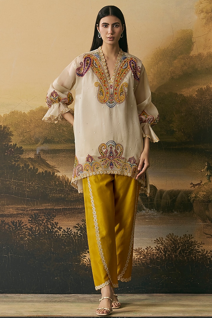 Ivory Silk Organza Applique Work Tunic Set by Chandrima at Pernia's Pop Up Shop