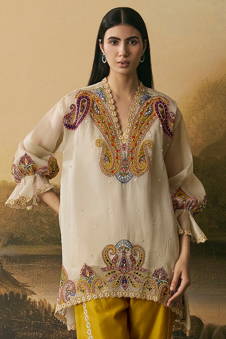 Ivory Silk Organza Applique Work Tunic Set by Chandrima at Pernia's Pop Up Shop