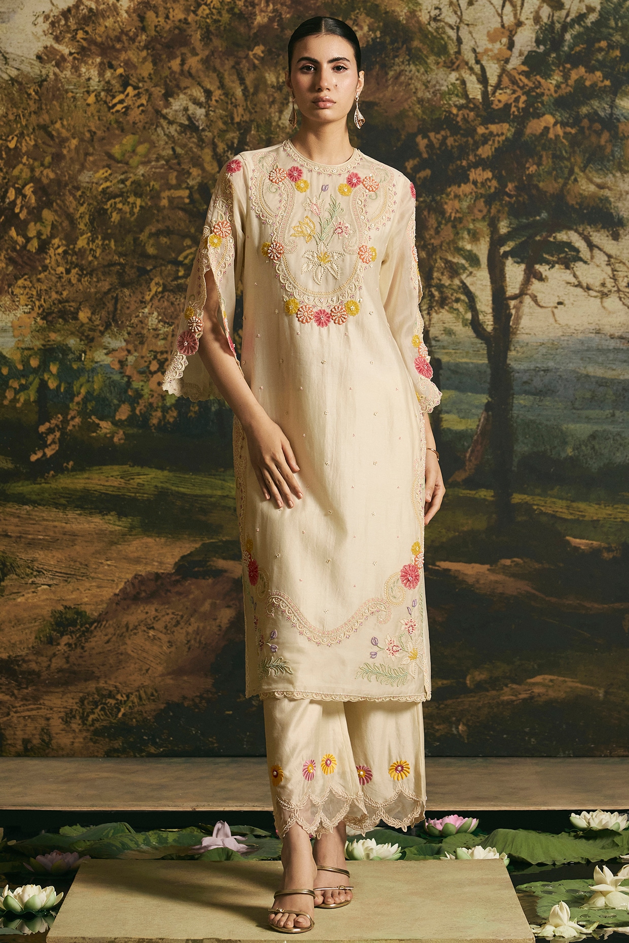 Chandrima Ivory Silk Organza & Chanderi Floral Work Kurta Set