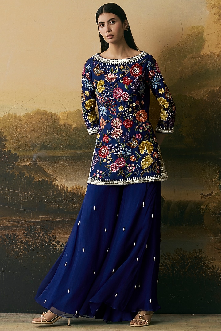 Cobalt Blue Silk Organza Wedding Sharara Set by Chandrima at Pernia's Pop Up Shop