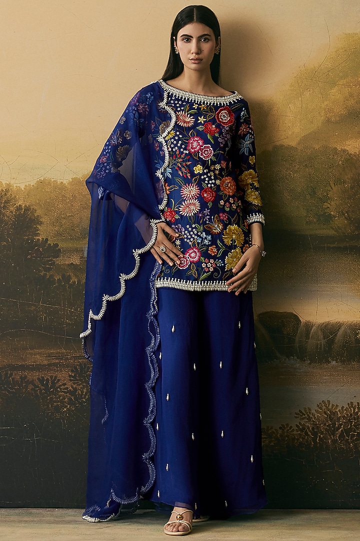 Cobalt Blue Silk Organza Beads Work Dupatta by Chandrima at Pernia's Pop Up Shop
