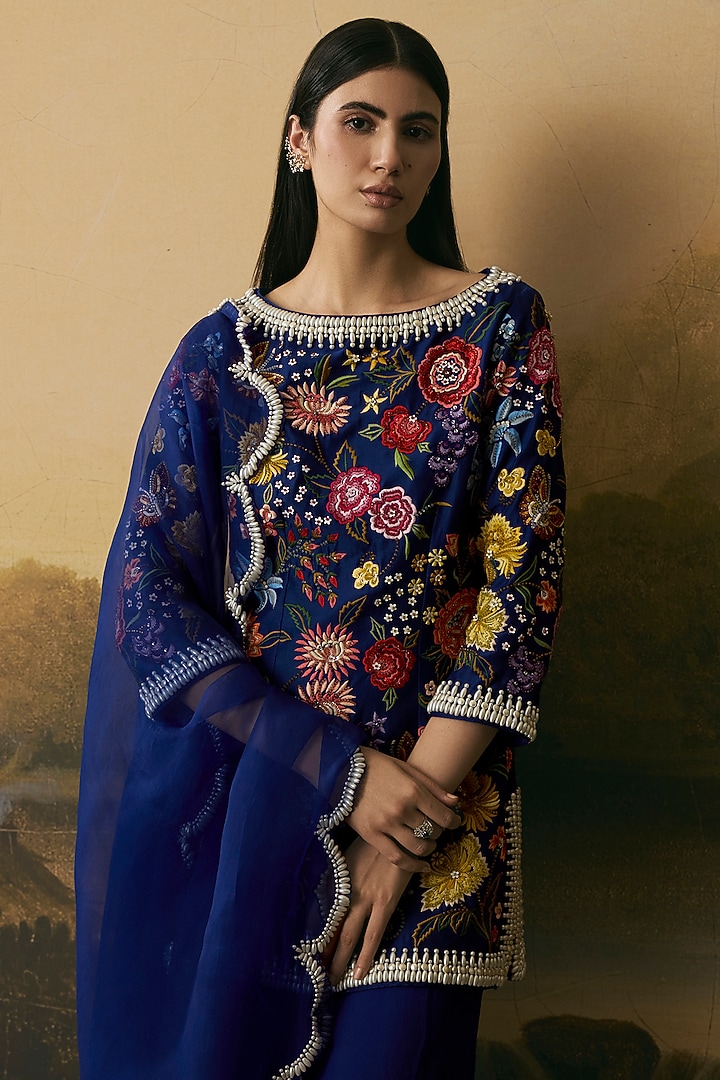 Cobalt Blue Silk Organza Beads Work Dupatta by Chandrima at Pernia's Pop Up Shop