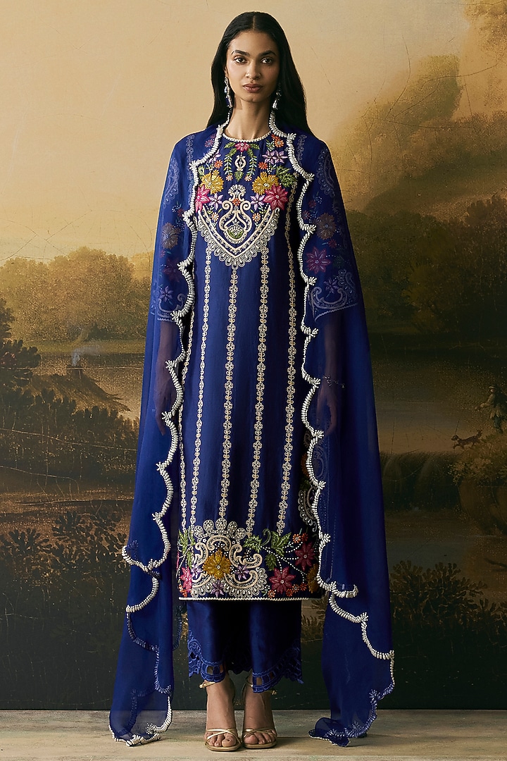 Cobalt Blue Silk Organza Beads Work Dupatta by Chandrima at Pernia's Pop Up Shop