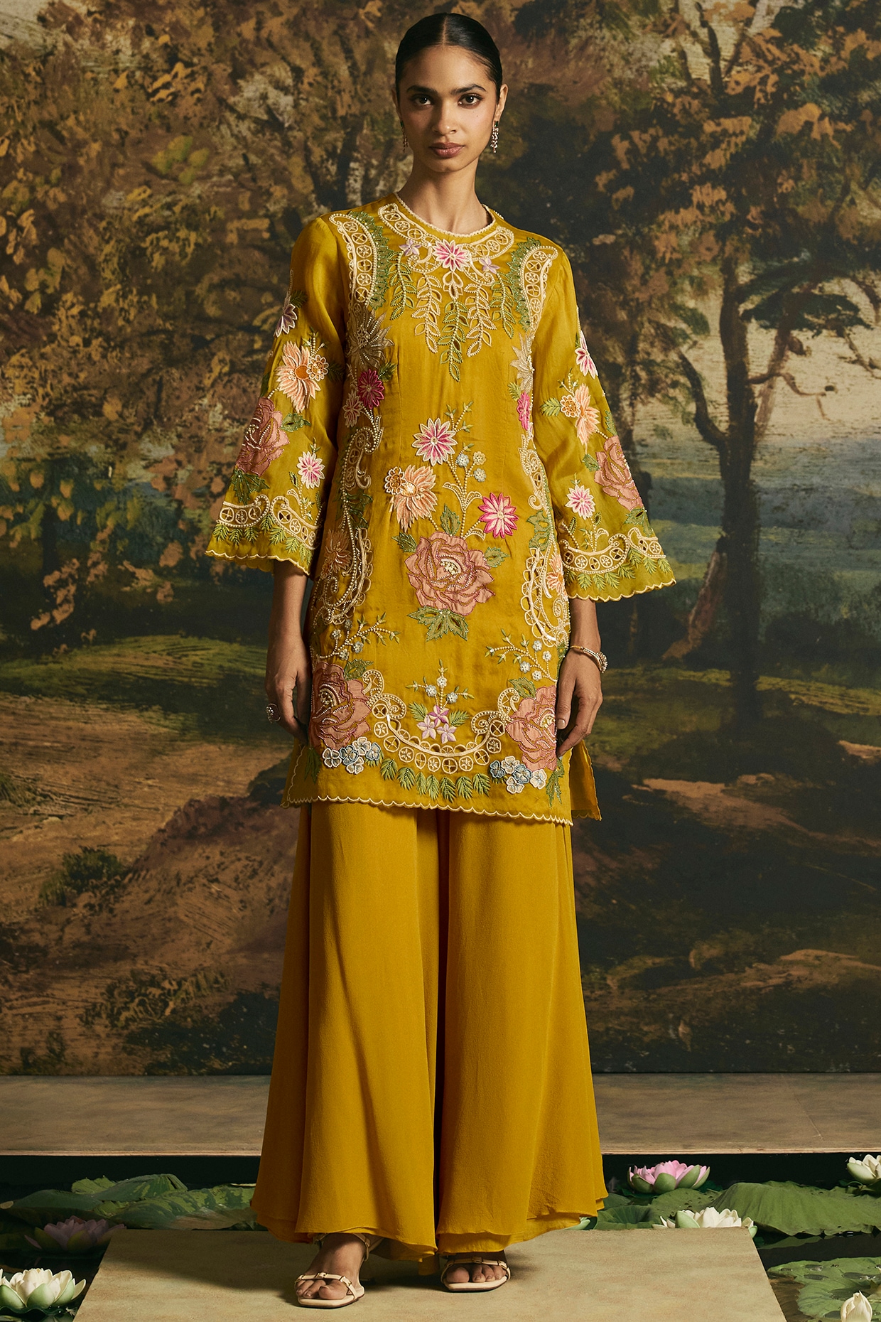 Chandrima Amber Yellow Silk Georgette Flared Sharara Set