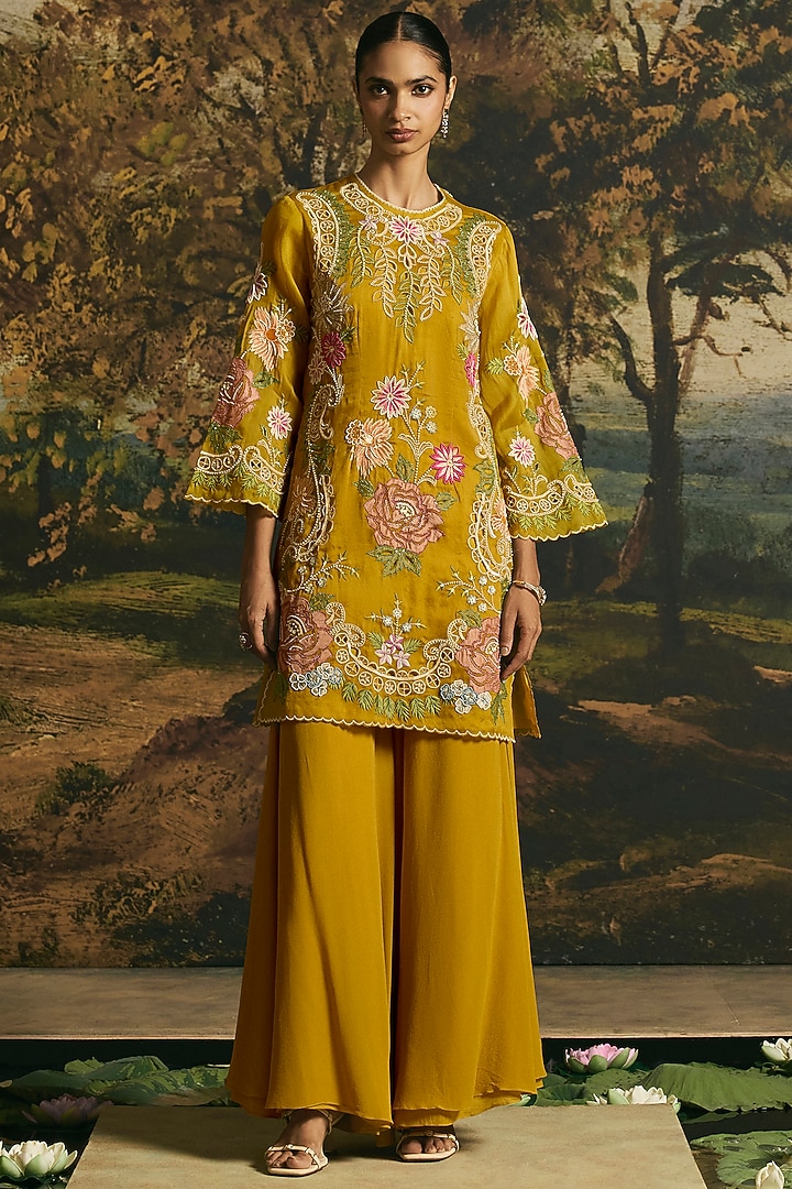 Amber Yellow Silk Georgette Flared Wedding Sharara Set by Chandrima at Pernia's Pop Up Shop