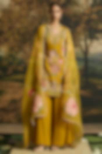 Amber Yellow Silk Georgette Floral Dupatta by Chandrima at Pernia's Pop Up Shop