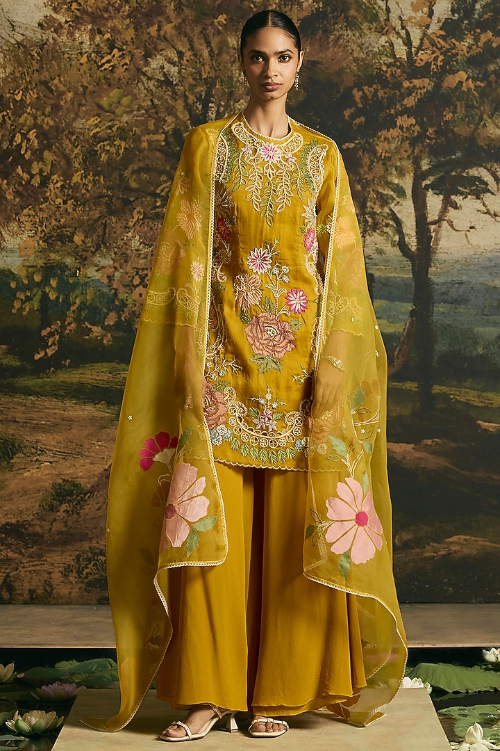 Amber Yellow Silk Georgette Floral Dupatta by Chandrima at Pernia's Pop Up Shop
