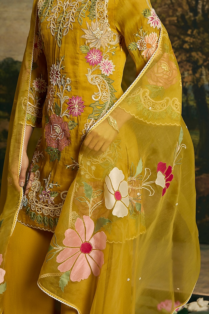 Amber Yellow Silk Georgette Floral Dupatta by Chandrima at Pernia's Pop Up Shop