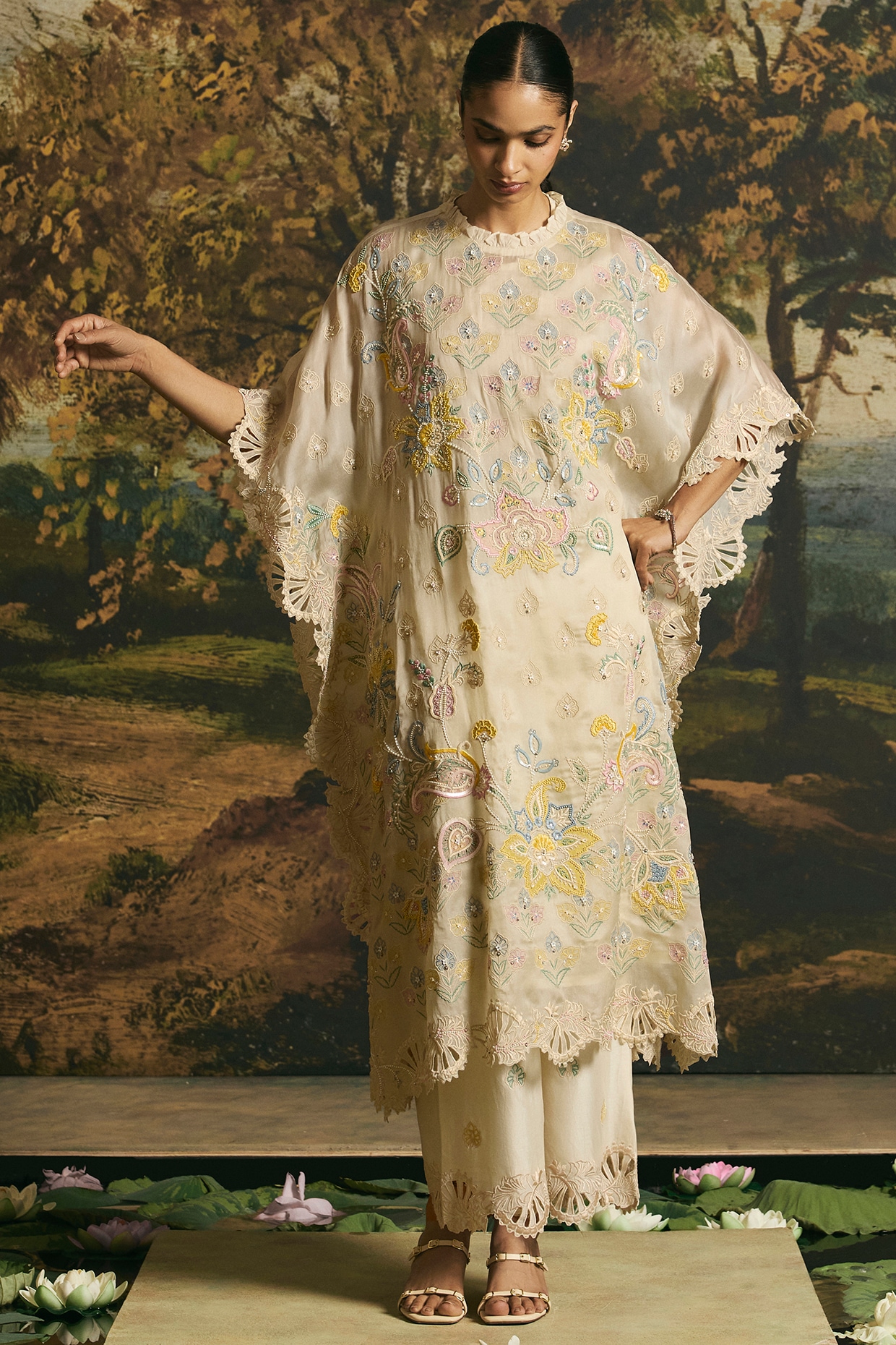 Chandrima Ivory Silk Organza Thread Work Kaftan