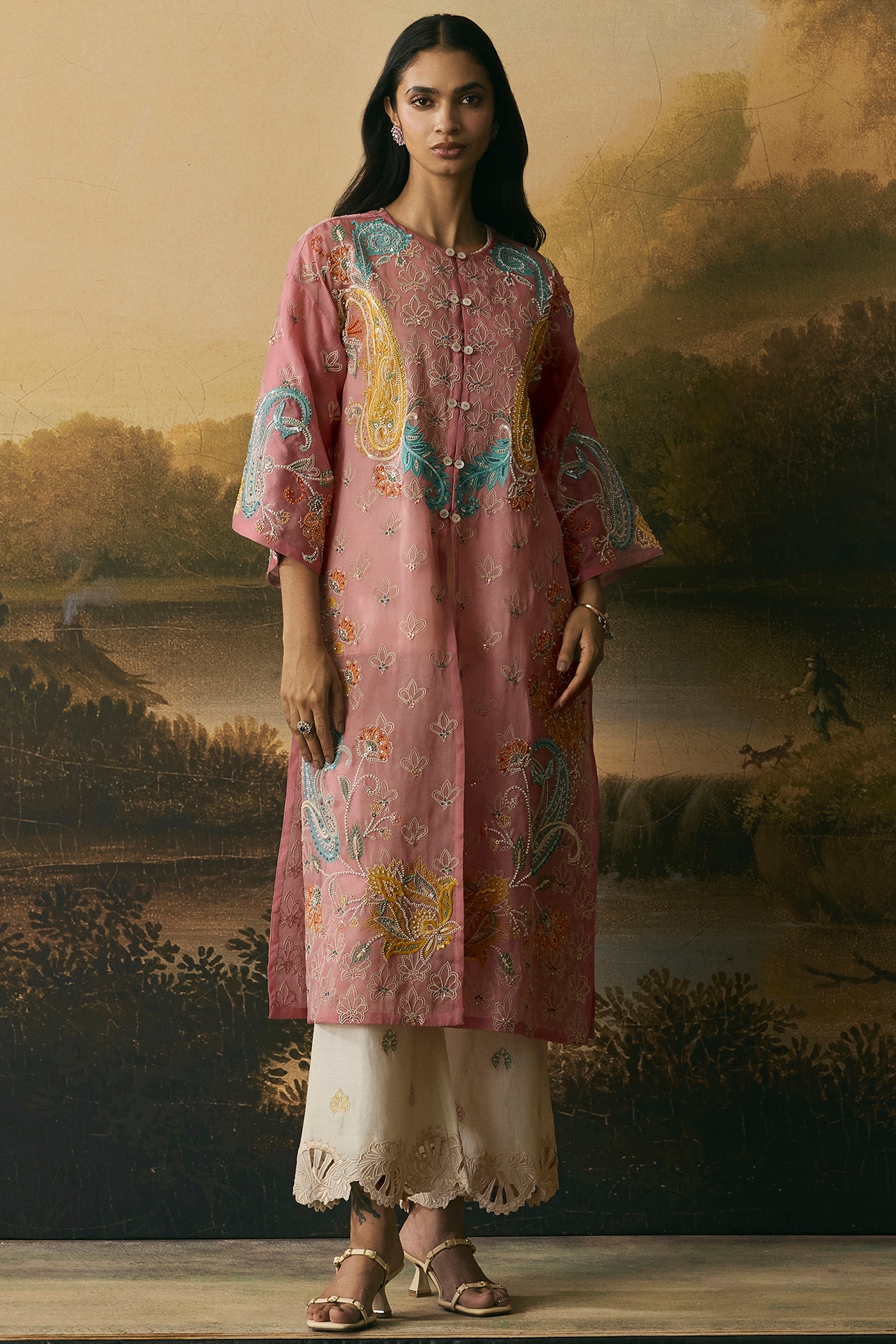Chandrima Pink Silk Organza Paisley Work Jacket