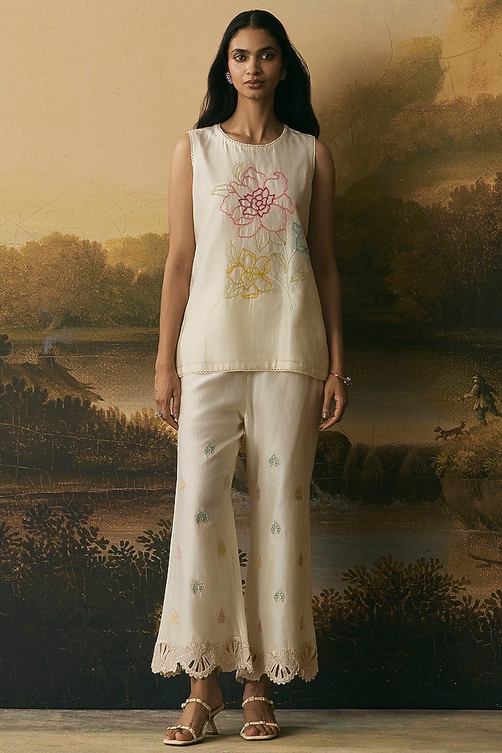 Ivory Chanderi Floral Work Tunic by Chandrima at Pernia's Pop Up Shop