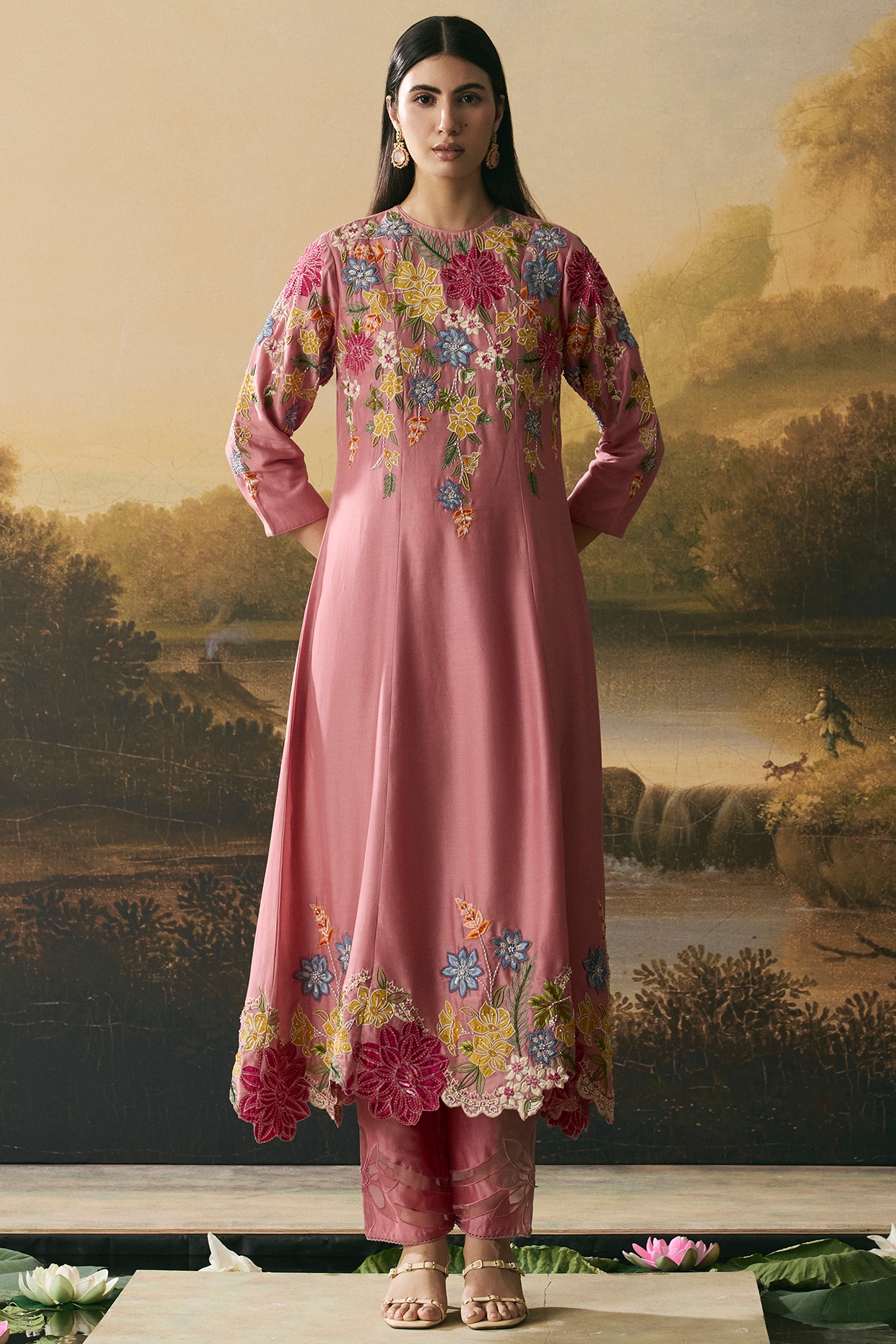 Chandrima Pink Chanderi Applique Work Flared Kurta Set