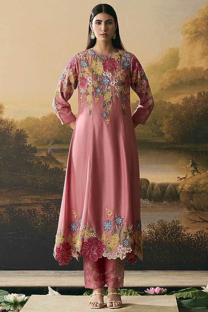 Pink Chanderi Applique Work Flared Kurta Set by Chandrima at Pernia's Pop Up Shop