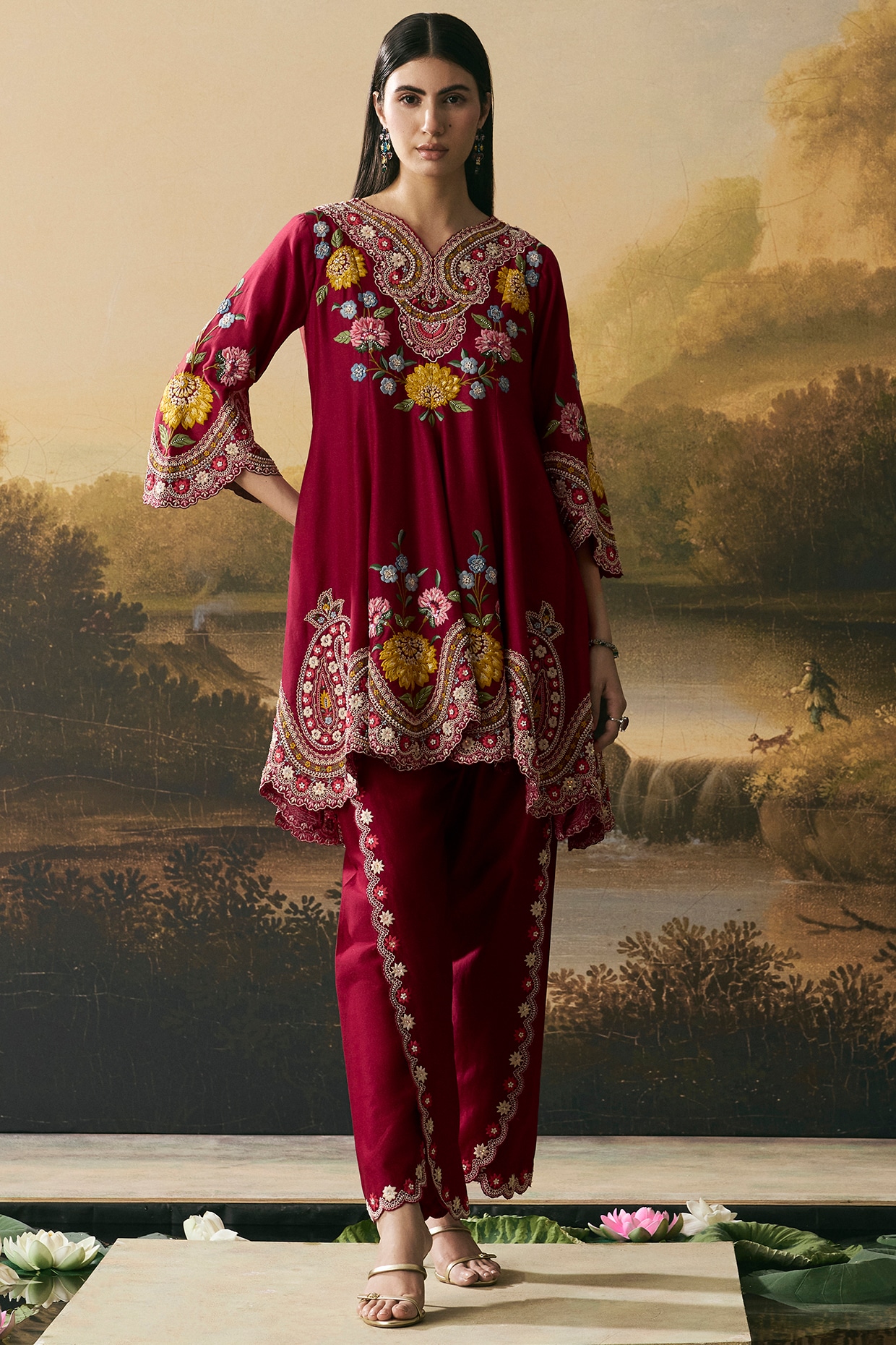 Chandrima Cherry Red Chanderi Applique Work Short Kurta Set